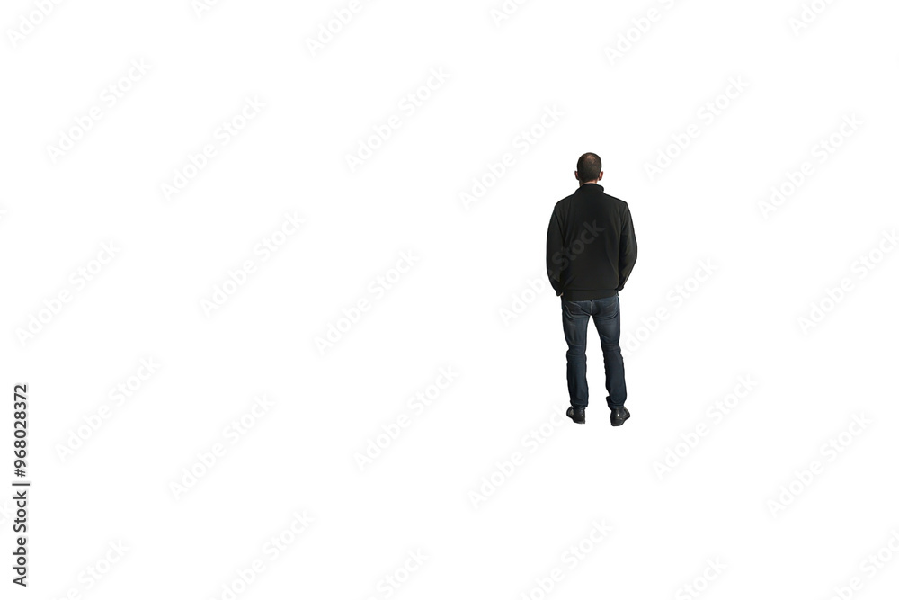 A man in casual attire stands alone against a transparent background. captured from the back, symbolizing solitude and contemplation. A man in casual attire stands alone against a transparent background. captured from the back, symbolizing solitude and contemplation.
