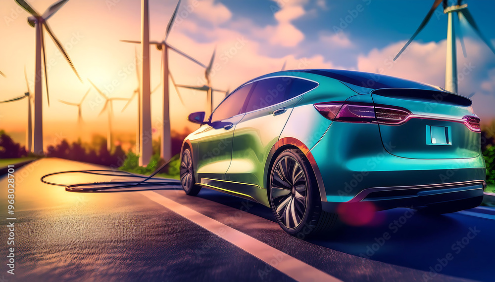 Naklejka premium turbine on the road with electric car charging