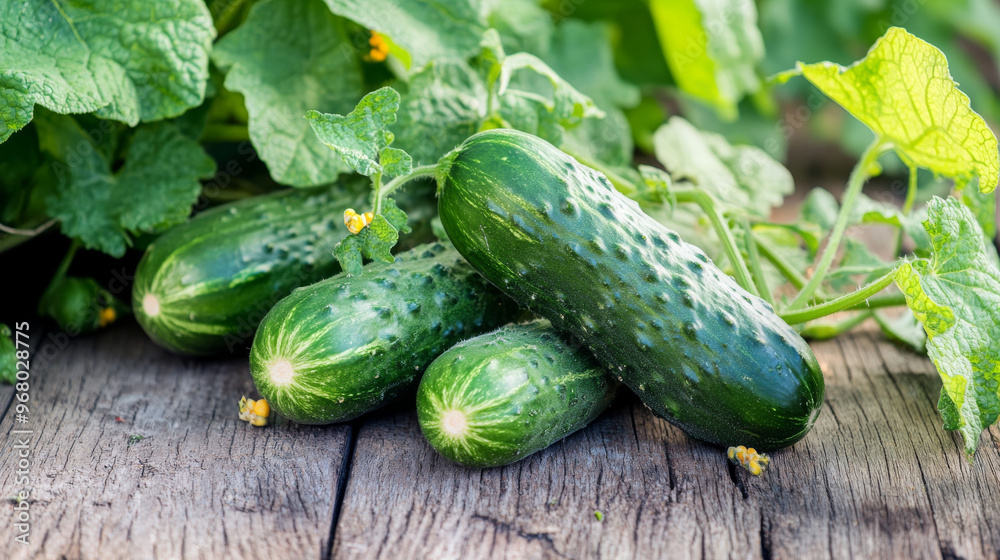 Growing cucumbers naturally, without chemicals. The cucumbers look fresh and green, sitting on a wooden table. Growing cucumbers naturally, without chemicals. The cucumbers look fresh and green, sitting on a wooden table.