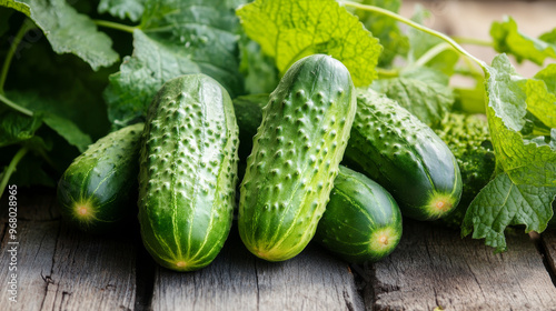 Growing cucumbers naturally, without chemicals. The cucumbers look fresh and green, sitting on a wooden table.