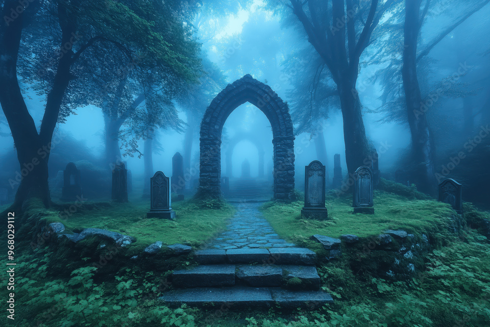 Eternal Gateway in the Mist: An ancient stone archway, shrouded in ethereal blue fog, marks a solemn entrance within a forgotten cemetery, inviting contemplation amidst the tranquility 