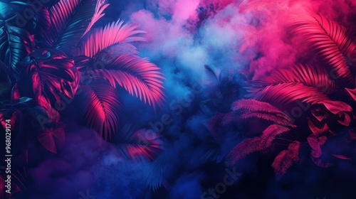 Tropical Palm Leaves Illuminated with Pink and Blue Neon Light