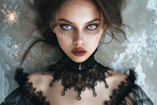 Enchanting vampire woman with magical eyes gazes mystically into the night sky photo