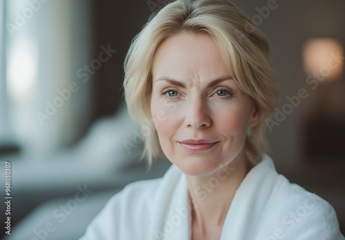 Free Download A woman with blonde hair and a white robe is smiling for the camera - GFXLoad