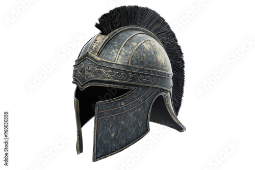 Ancient Roman helmet with intricate designs and a crest. Historical artifact representing Roman military armor. Ideal for educational or historical visuals. photo