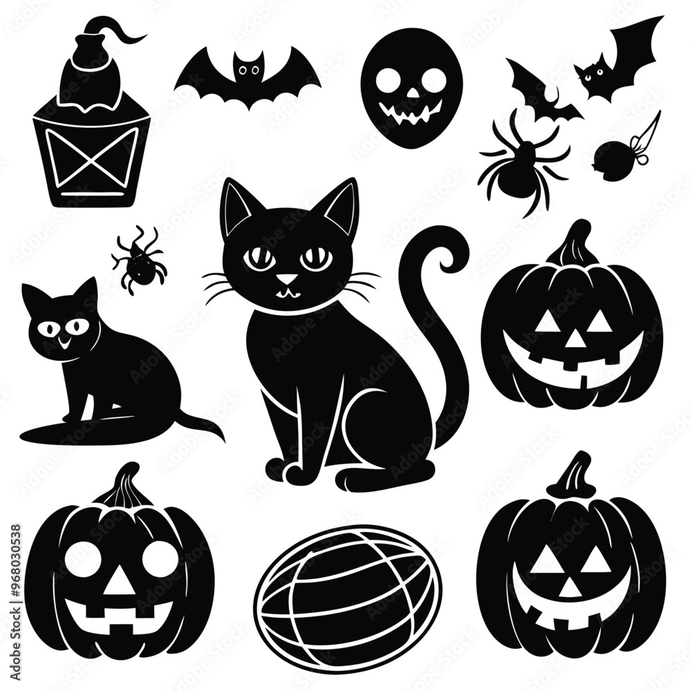 Obraz premium Set of Halloween clipart with black cats, carved pumpkins, and spiders