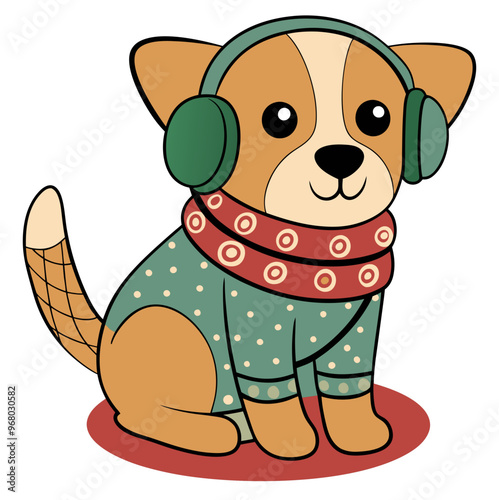 Cute dog wearing earmuffs and a cozy sweater, perfect for winter fashion, featuring a cheerful design