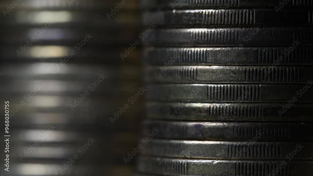 Stack of brown coins in close-up, texture of old coins, dark background, light movement, metal texture