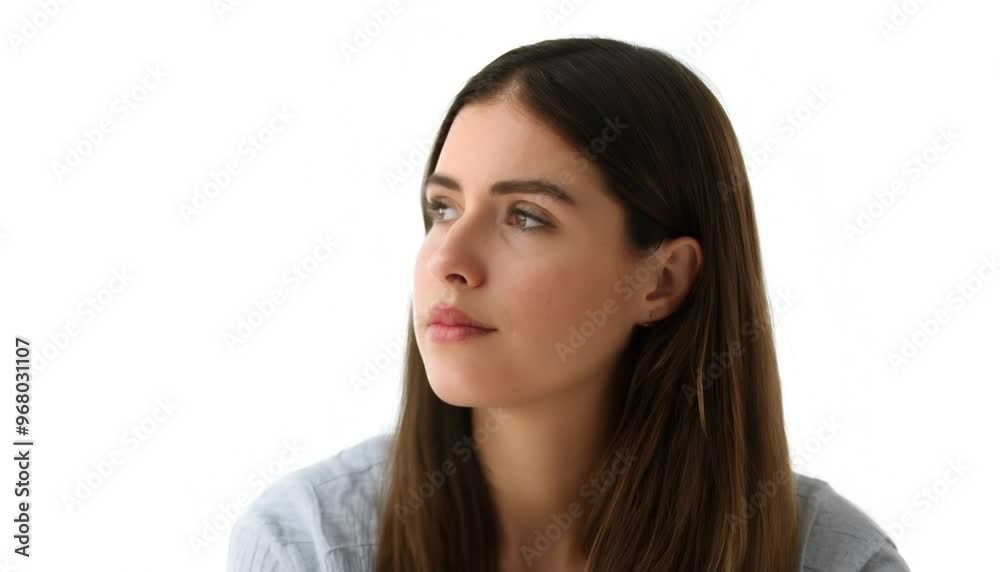 A thoughtful young woman looking away while isolated on a white background
