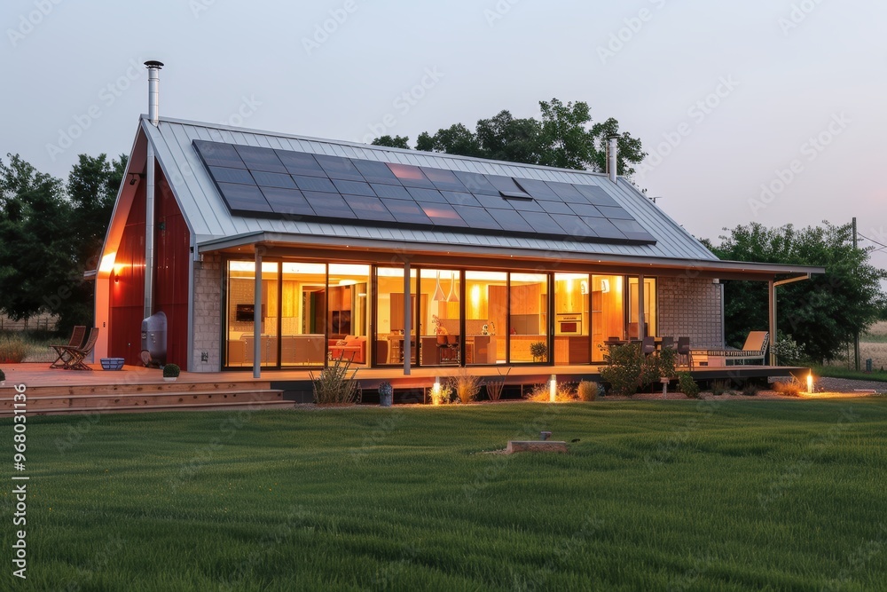 Obraz premium Modern Barn Design House with Solar Panels and Spacious Open Interior in Rural Setting