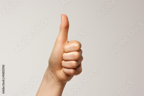 Caucasian hand gesture featuring raised thumb, index, and middle fingers against white backdrop photo