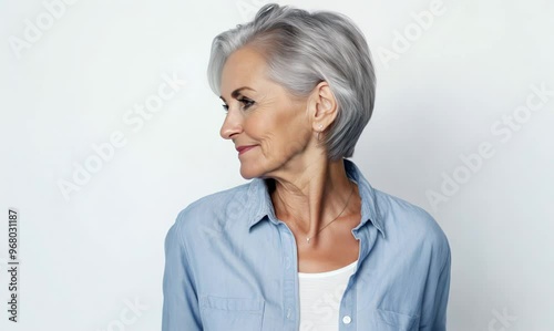 Portrait of happy mature woman looking at camera and smiling while standing against white background