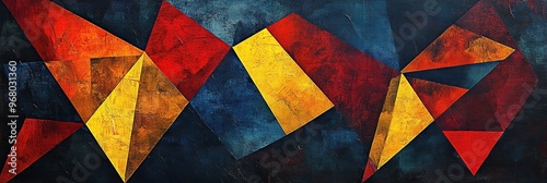 Abstract painting of triangles in red, yellow and blue, on dark background, metalic effect