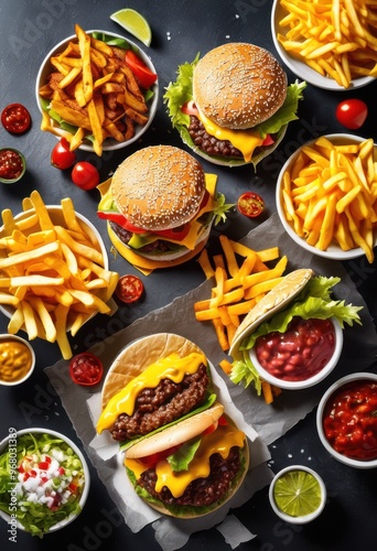 vibrant close mouthwatering fast food spread featuring colorful dips tempting culinary experience, burger, fries, taco, cheese, onion, lettuce, tomato