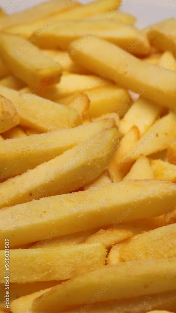 French fries, rotation in circle. fast food. Golden fried potatoes, Turning. vertical video French fries, rotation in circle. fast food. Golden fried potatoes, Turning. vertical video
