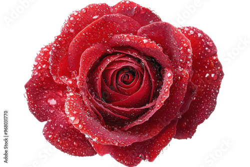 Close-up of a beautiful red rose with dewdrops on petals, symbolizing love and romance.