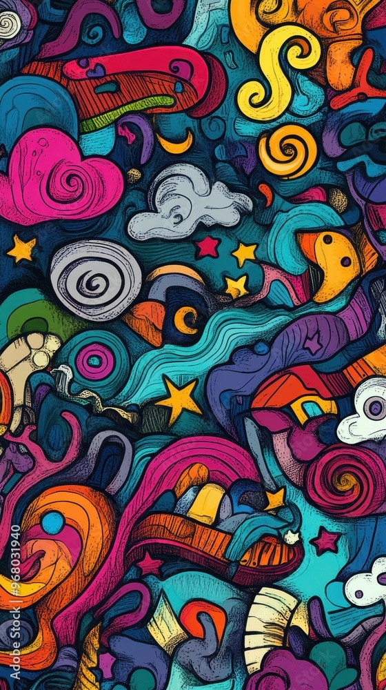 A quirky horizontal banner showcases an array of vibrant shapes and swirling patterns, expressing creativity and colorfulness A quirky horizontal banner showcases an array of vibrant shapes and swirling patterns, expressing creativity and colorfulness