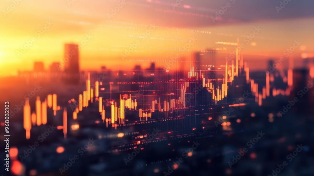 Fototapeta premium Financial Stock Market Chart with City Skyline at Sunset, Data Analysis and Investment Concept