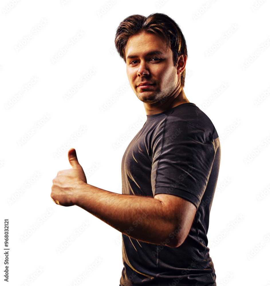 Fototapeta premium Young strong man showing thumbs up on wall background