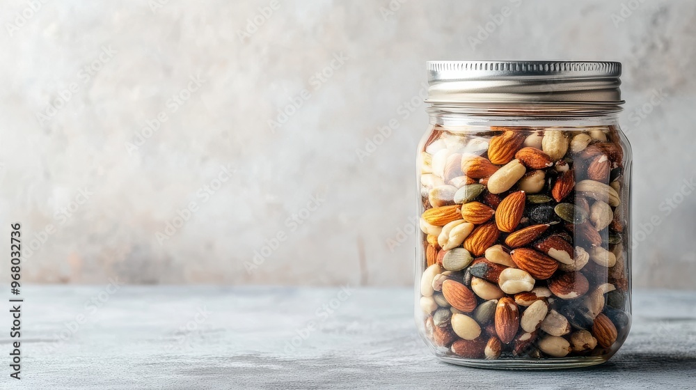 Healthy Mixed Nuts and Seeds in Glass Jar for Storage Against Neutral Background Healthy Mixed Nuts and Seeds in Glass Jar for Storage Against Neutral Background