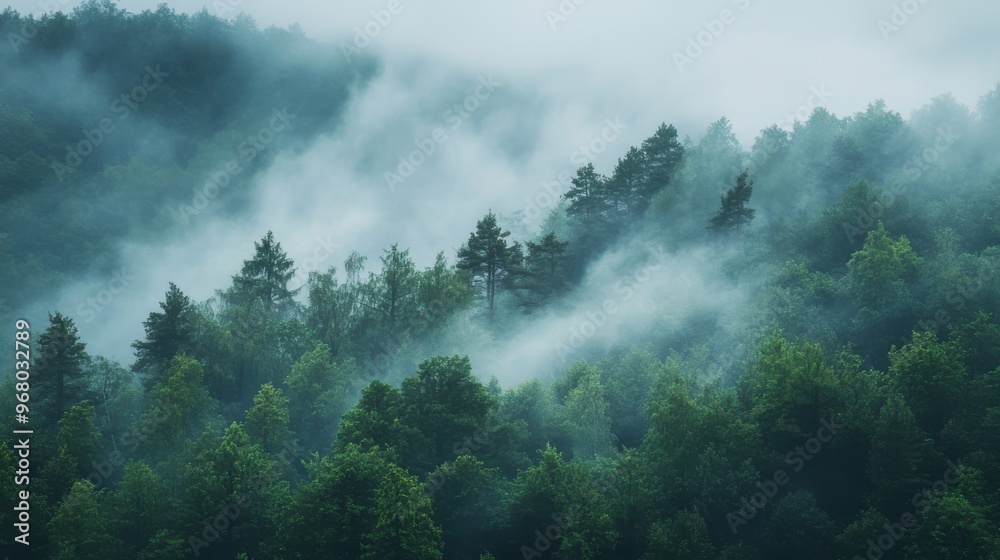Misty Morning in Lush Green Forest with Dense Fog Over Rolling Hills Misty Morning in Lush Green Forest with Dense Fog Over Rolling Hills