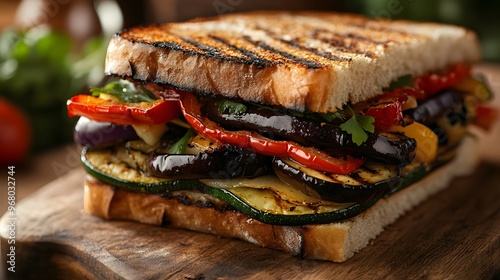 A close-up of a delicious grilled vegetable sandwich with eggplant, zucchini, and peppers