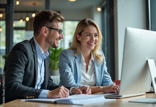 Two busy happy professional business man and woman executive leaders team using laptop working on computer at work desk having conversation on financial project at meeting in office