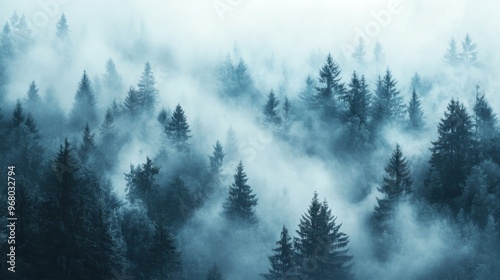 Mysterious Pine Forest Engulfed in Dense Morning Fog, Atmospheric Landscape