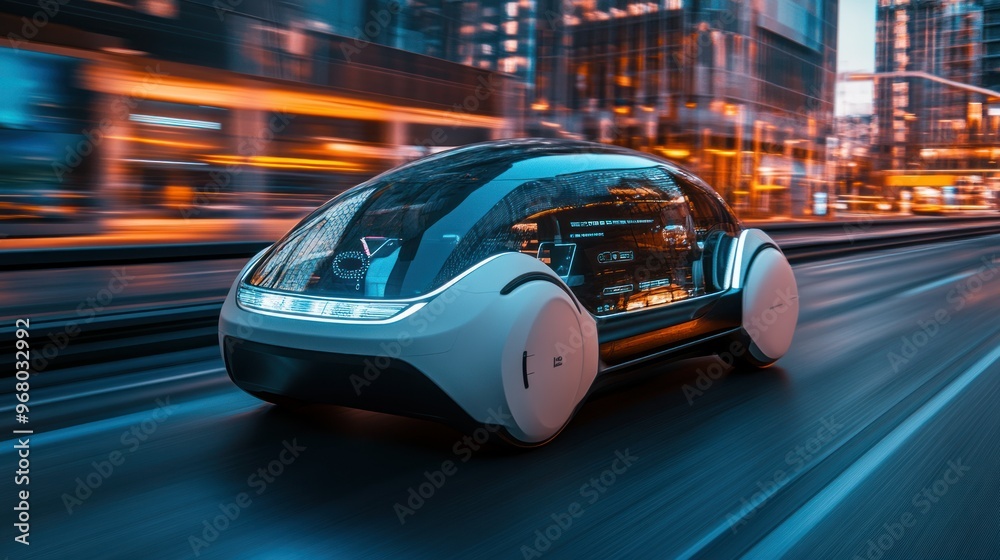 Futuristic Autonomous Vehicle Driving Through City at Night Futuristic Autonomous Vehicle Driving Through City at Night