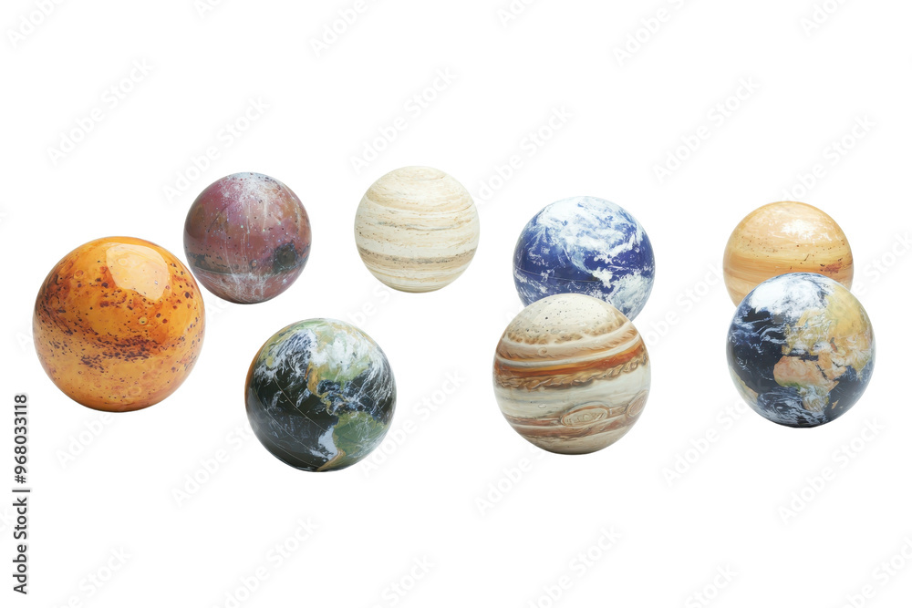 Collection of realistic planet models representing our solar system with detailed textures and colors on a transparent background. Collection of realistic planet models representing our solar system with detailed textures and colors on a transparent background.