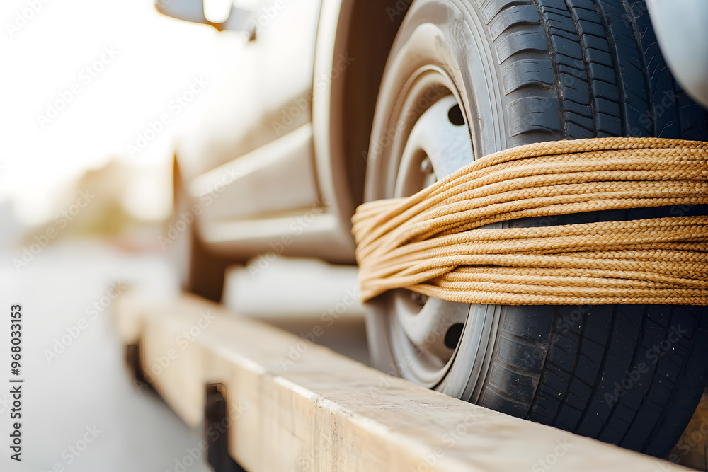 Close-Up of Vehicle Wheel Secured on Tow Truck, Roadside Assistance and Vehicle Towing