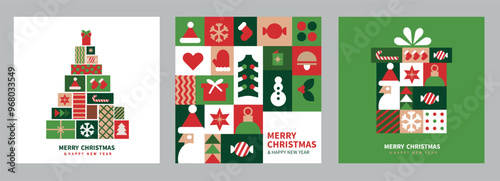A set of Christmas illustrations in a geometric style. Christmas tree and gift shape.