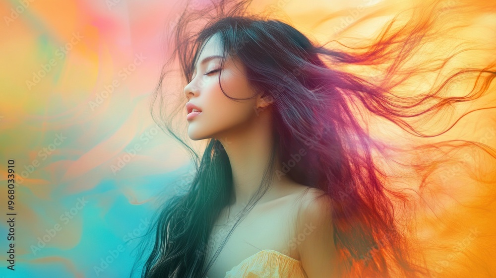 Woman with Long Black Hair in Colorful Light Woman with Long Black Hair in Colorful Light