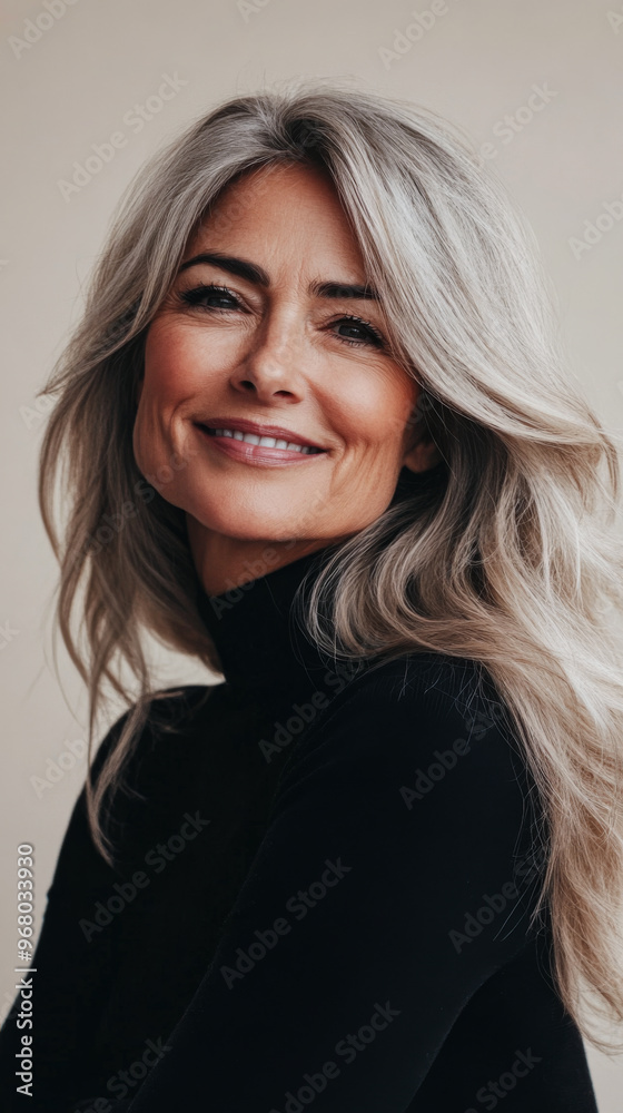 Naklejka premium Middle aged woman smiling isolated from a copyspace background. Inclusivity conceptual image