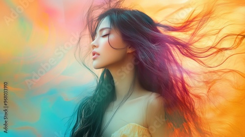 Woman with Long Black Hair in Colorful Light