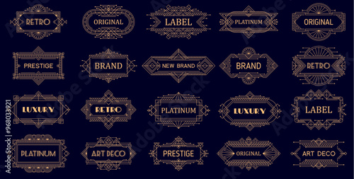 Geometric ornament labels, vintage art deco golden frames and borders. Vector retro-modern linear geometric ornamental frames with gold elegant luxury, antique decoration and ornate Victorian borders
