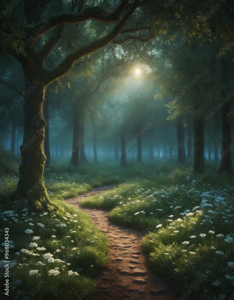 Obraz premium Forest pathway with daisies and sunbeams