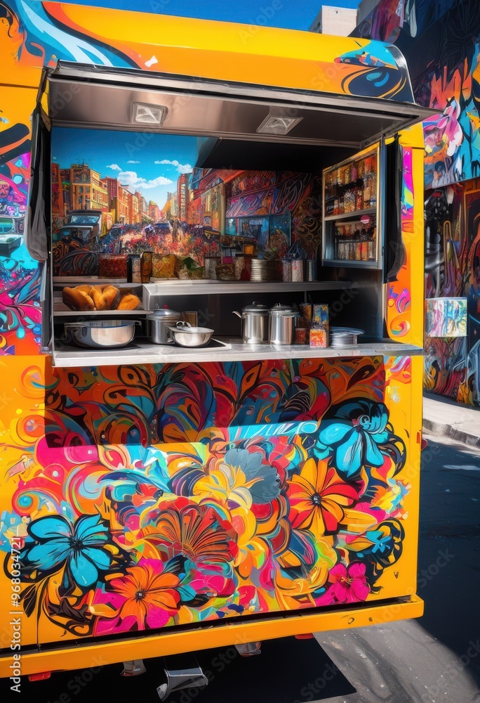 Fototapeta premium vibrant food truck next colorful city mural showcasing bright colors urban artistry, graffiti, street, vehicle, cuisine, outdoor, market, festival, modern