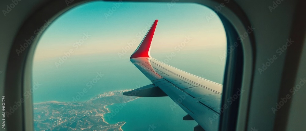 Aerial view from an airplane window showcasing coastline and wing during daylight flight