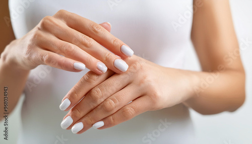 Beautiful Woman Hands. Female Hands Applying Cream, Lotion. Spa and Manicure concept. Female hands with french manicure. Soft skin, skincare concept. Hand Skin Care