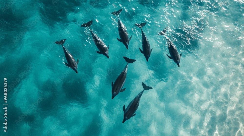 Fototapeta premium A vibrant pod of dolphins joyfully swimming together in the expansive blue ocean under the bright sunlit sky.