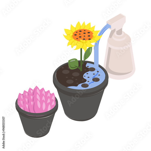 Liquid Fertilizers for flowers and indoor plants isometric concept, water soluble fertiliser vector icon design, Lawn and Gardening symbol, Farm and Plant sign agriculture and horticulture equipment 
