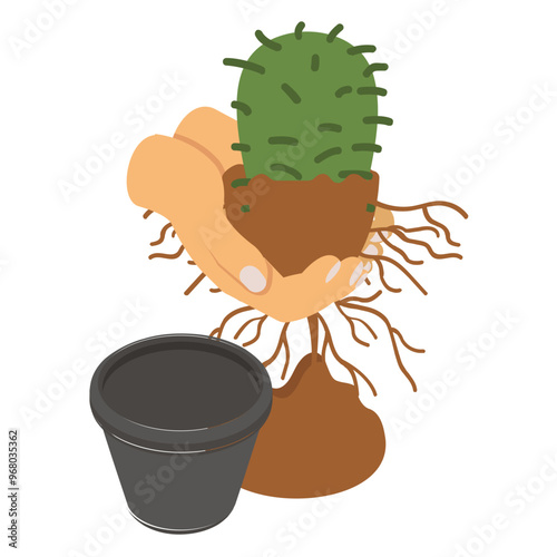 Transferring from Ground to Pot isometric concept, indoor Plant Preparation Process vector icon design, Lawn Gardening symbol, Farm and Plant sign, agriculture and horticulture equipment illustration