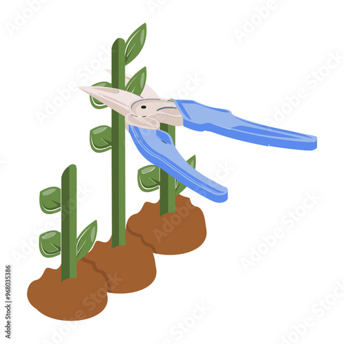 Pruning shears isometric concept, Removing Excess Branches of Plant vector icon design, Lawn and Gardening symbol, Farm and Plant sign, agriculture and horticulture equipment stock illustration