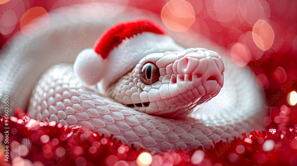 Fototapeta premium New Year snake with gifts under the Christmas tree, New Year card