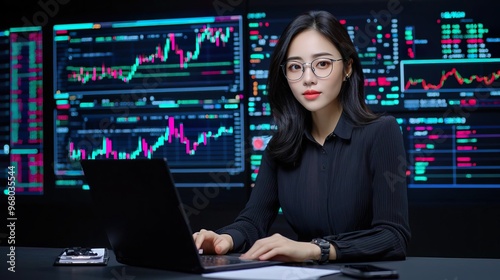 Confident businesswoman working on laptop with stock market data on screens behind her.