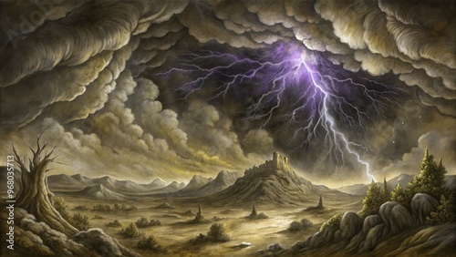 Fierce storm with lightning over a dramatic mountain landscape.