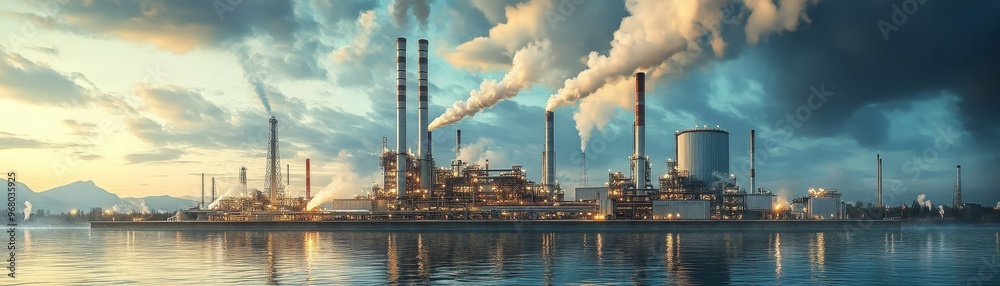Futuristic Water-Cooled Industrial Plant on the Shoreline Signifying Modern Industry's Reliance on Water Futuristic Water-Cooled Industrial Plant on the Shoreline Signifying Modern Industry's Reliance on Water