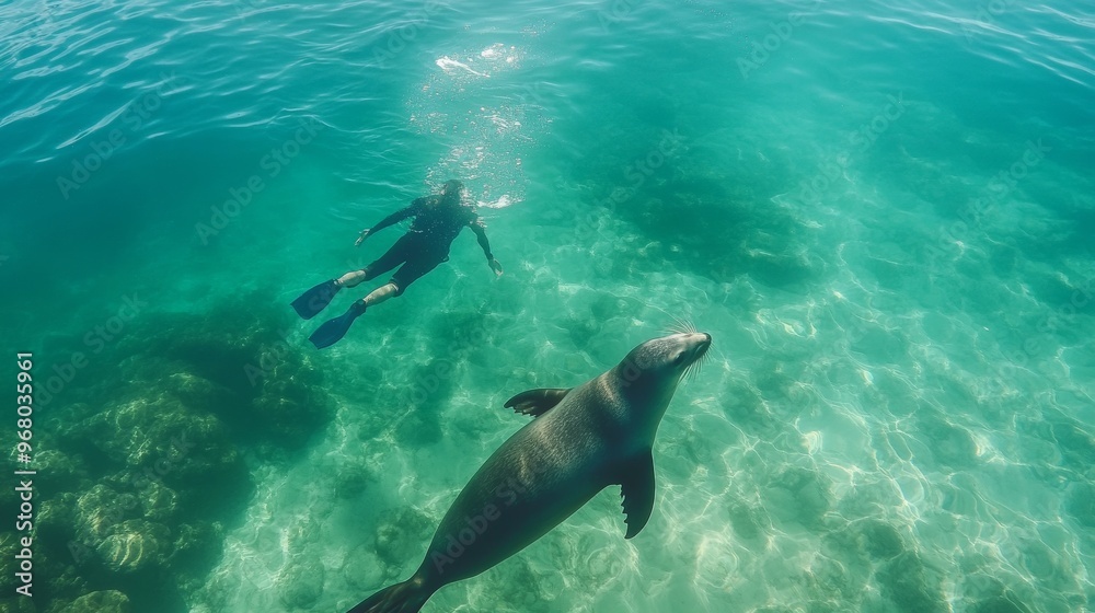 Obraz premium A man snorkeling with a playful seal in the stunningly clear blue waters of the ocean on a sunny day at the beach.