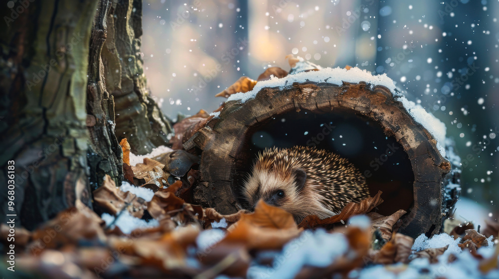 Fototapeta premium Hedgehog resting in a log during snowfall